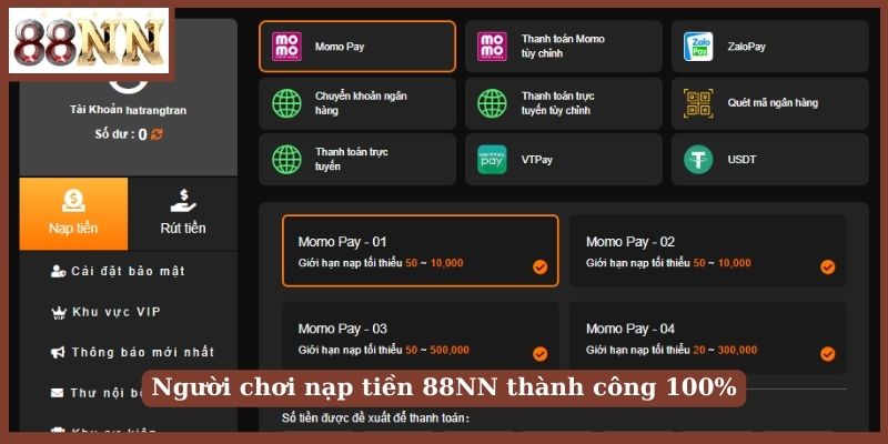 Người chơi nạp tiền 88NN thành công 100%